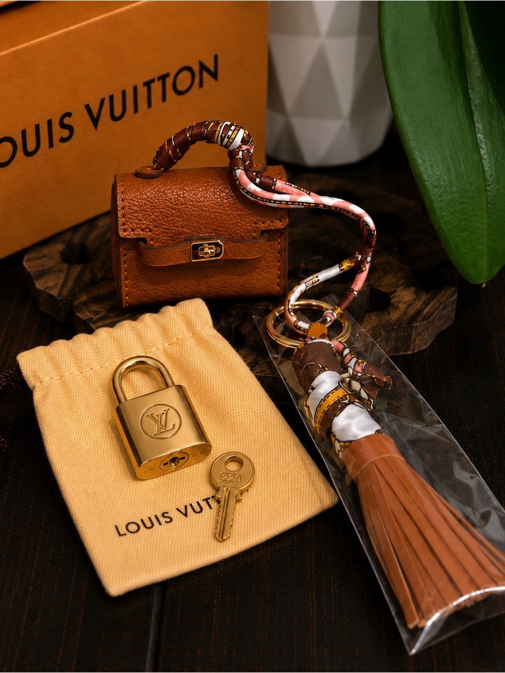 Louis Vuitton Gold Padlock #220 Brown Bag Charm Set with Tassel